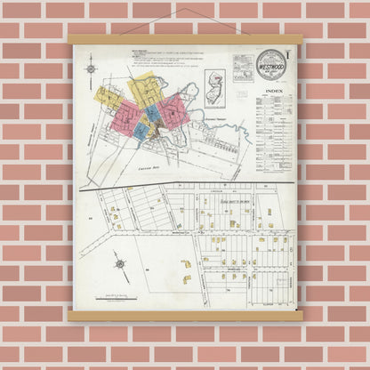 Old map wall art mockup — magnetic wood frame on brick wall — Sanborn Fire Insurance Map from Westwood, Bergen County, New Jersey (1921), Sheet #0001