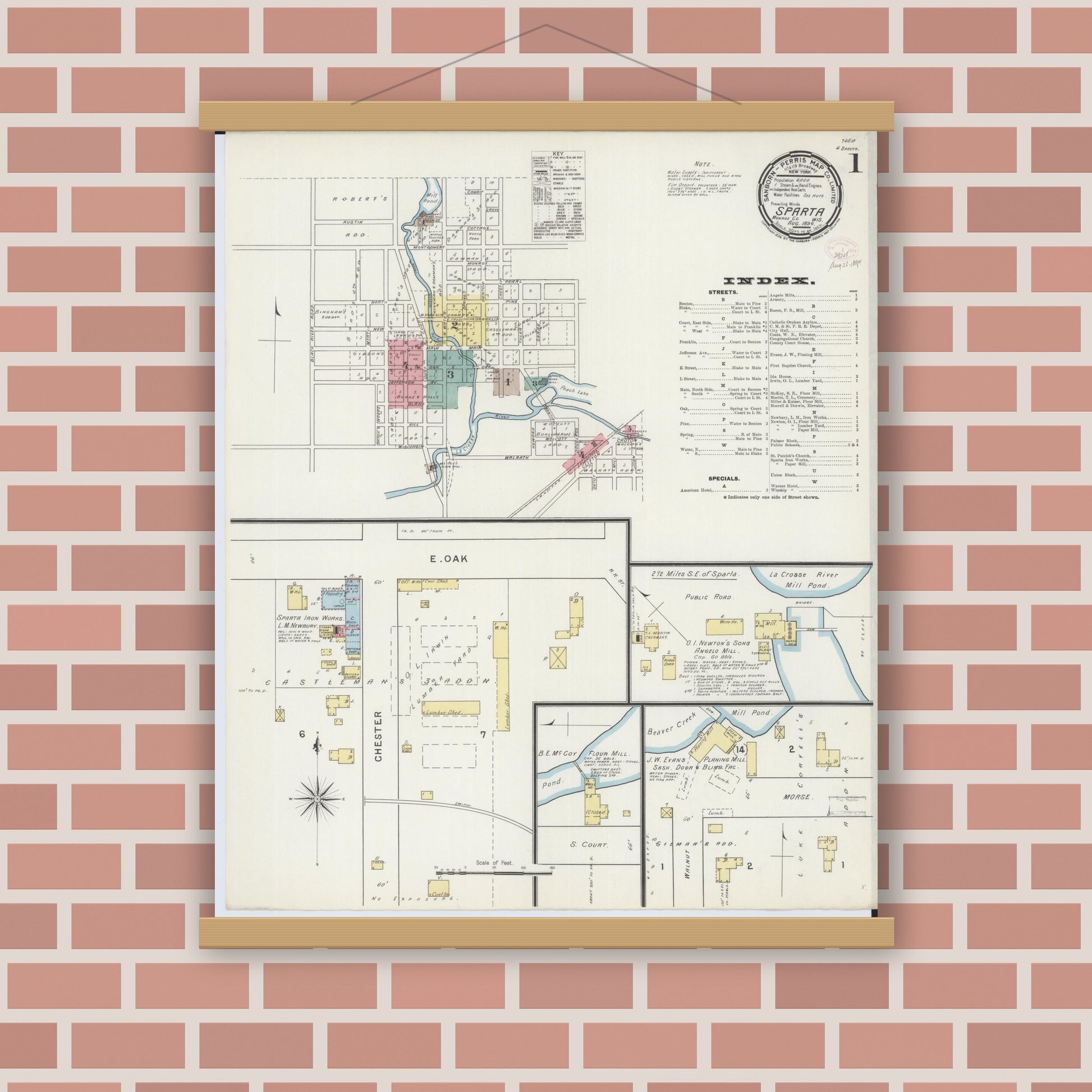 Old map wall art mockup — magnetic wood frame on brick wall — Sanborn Fire Insurance Map from Sparta, Monroe County, Wisconsin (1894), Sheet #0001