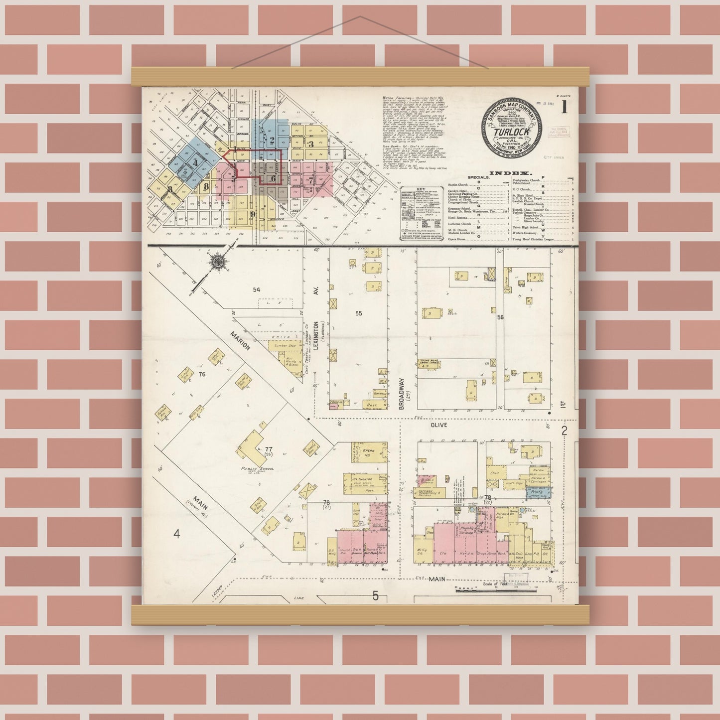 Old map wall art mockup — magnetic wood frame on brick wall — Sanborn Fire Insurance Map from Turlock, Stanislaus County, California (1910) - Complete Map Set