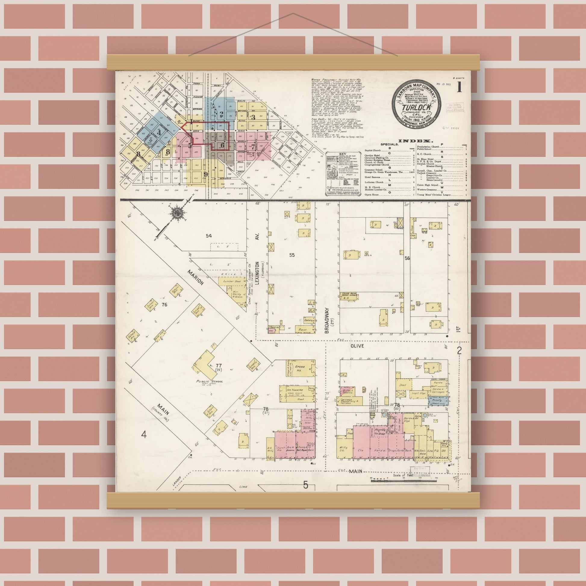 Old map wall art mockup — magnetic wood frame on brick wall — Sanborn Fire Insurance Map from Turlock, Stanislaus County, California (1910) - Complete Map Set