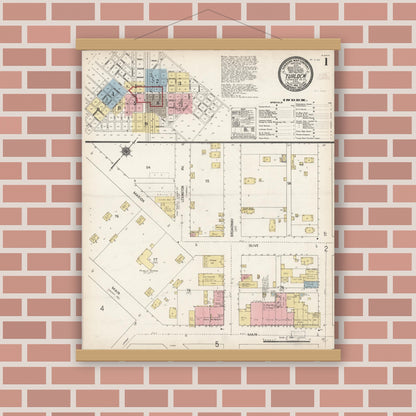 Old map wall art mockup — magnetic wood frame on brick wall — Sanborn Fire Insurance Map from Turlock, Stanislaus County, California (1910) - Complete Map Set