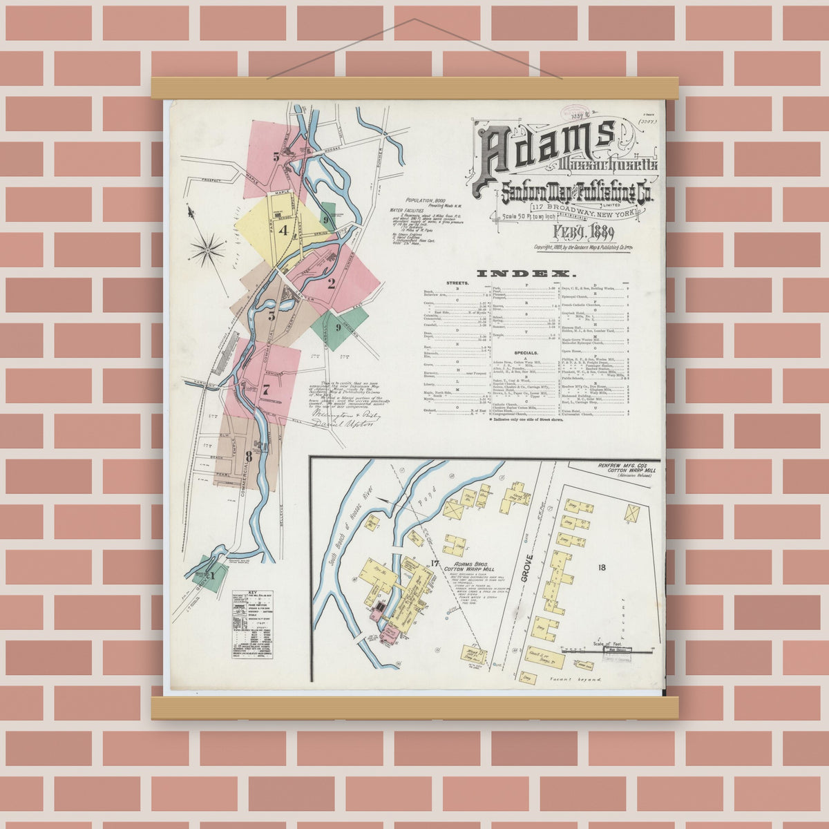 Old map wall art mockup — magnetic wood frame on brick wall — Sanborn Fire Insurance Map from Adams, Berkshire County, Massachusetts (1889) - Complete Map Set