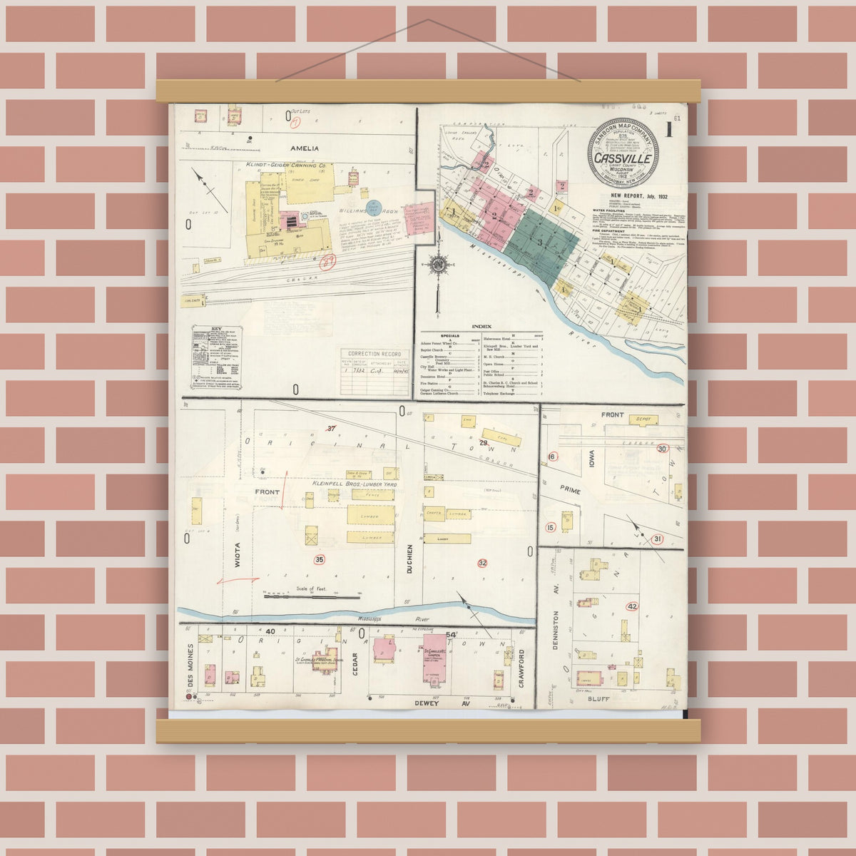 Old map wall art mockup — magnetic wood frame on brick wall — Sanborn Fire Insurance Map from Cassville, Grant County, Wisconsin (1932), Sheet #0001