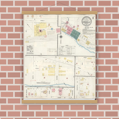 Old map wall art mockup — magnetic wood frame on brick wall — Sanborn Fire Insurance Map from Cassville, Grant County, Wisconsin (1932), Sheet #0001