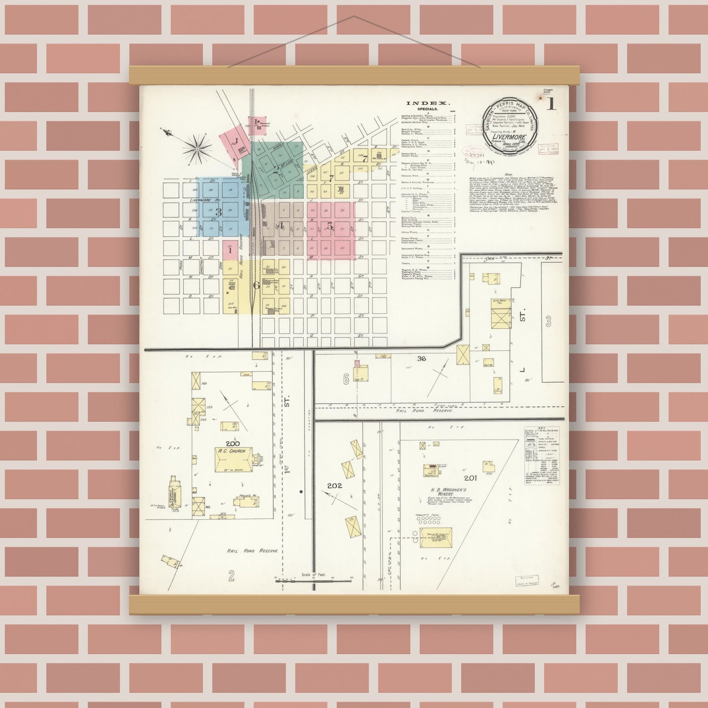 Old map wall art mockup — magnetic wood frame on brick wall — Sanborn Fire Insurance Map from Livermore, Alameda County, California (1893) - Complete Map Set
