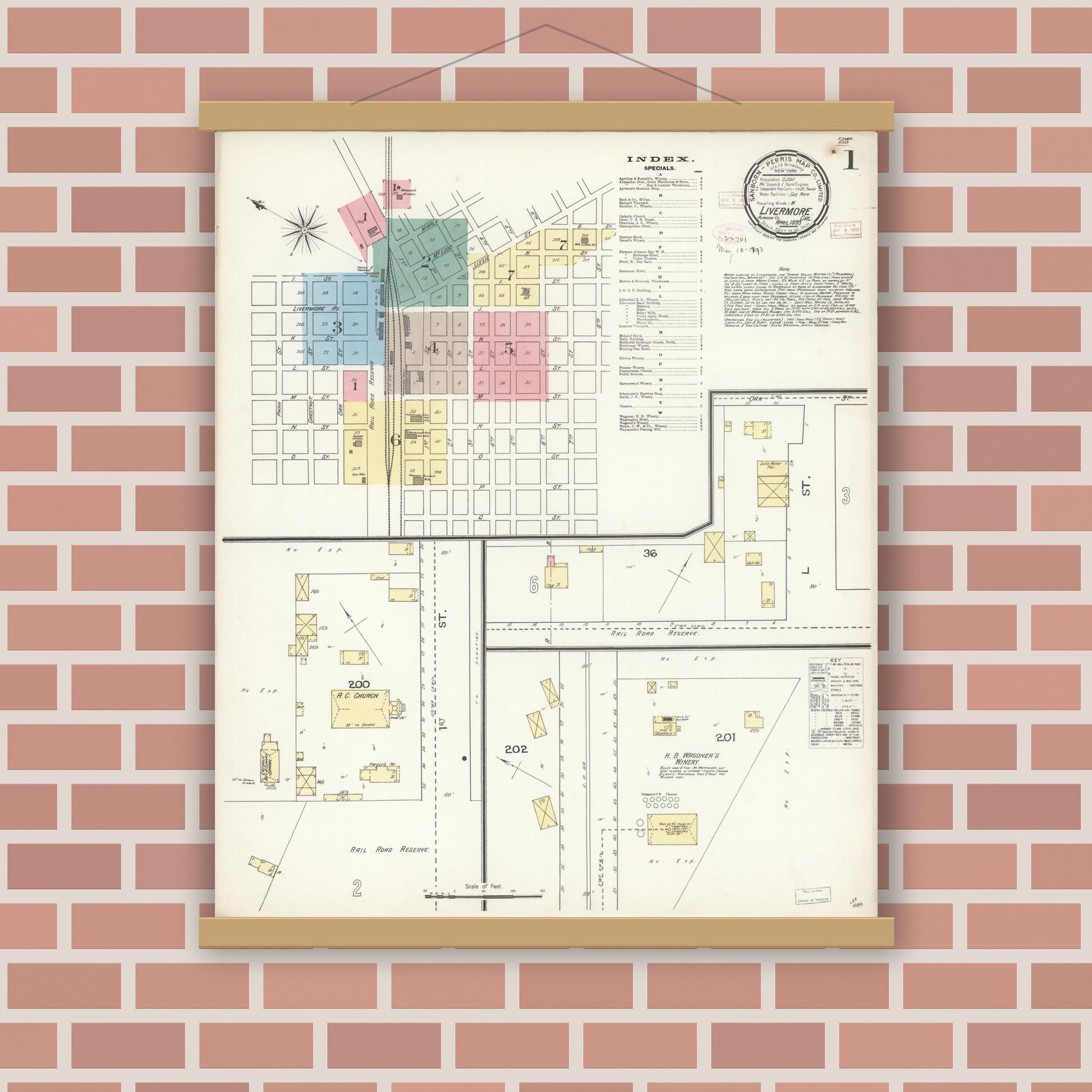 Old map wall art mockup — magnetic wood frame on brick wall — Sanborn Fire Insurance Map from Livermore, Alameda County, California (1893) - Complete Map Set