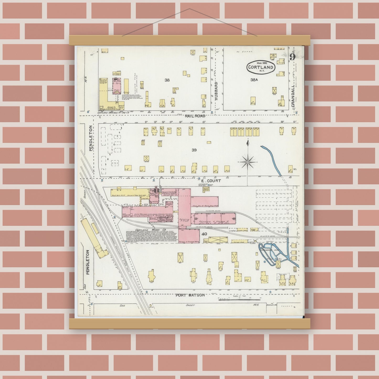 Old map wall art mockup — magnetic wood frame on brick wall — Sanborn Fire Insurance Map from Cortland, Cortland County, New York (1892), Sheet #0009