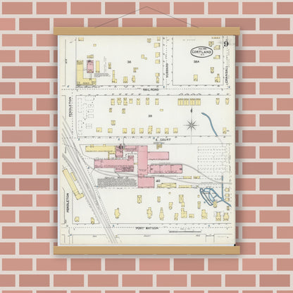 Old map wall art mockup — magnetic wood frame on brick wall — Sanborn Fire Insurance Map from Cortland, Cortland County, New York (1892), Sheet #0009