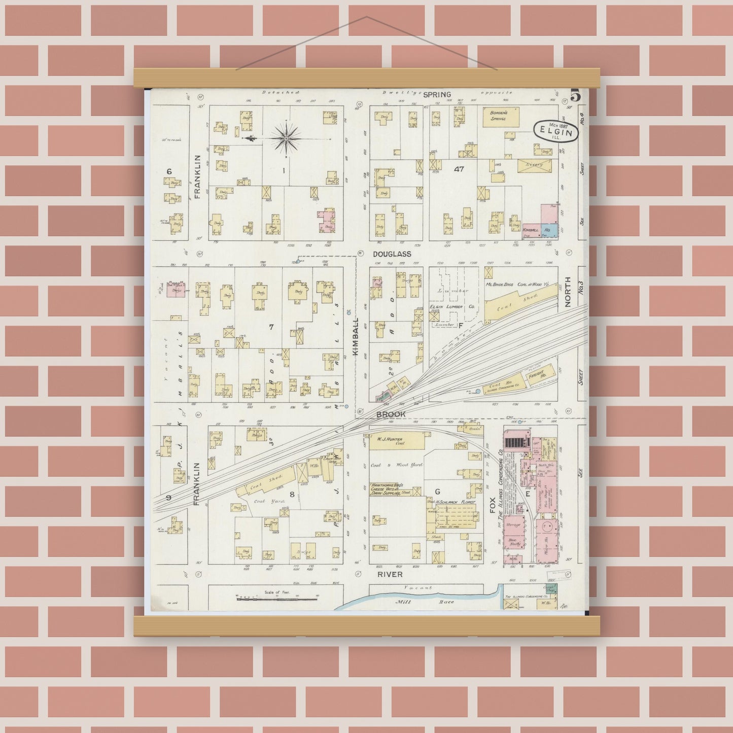 Old map wall art mockup — magnetic wood frame on brick wall — Sanborn Fire Insurance Map from Elgin, Kane County, Illinois (1887), Sheet #0005