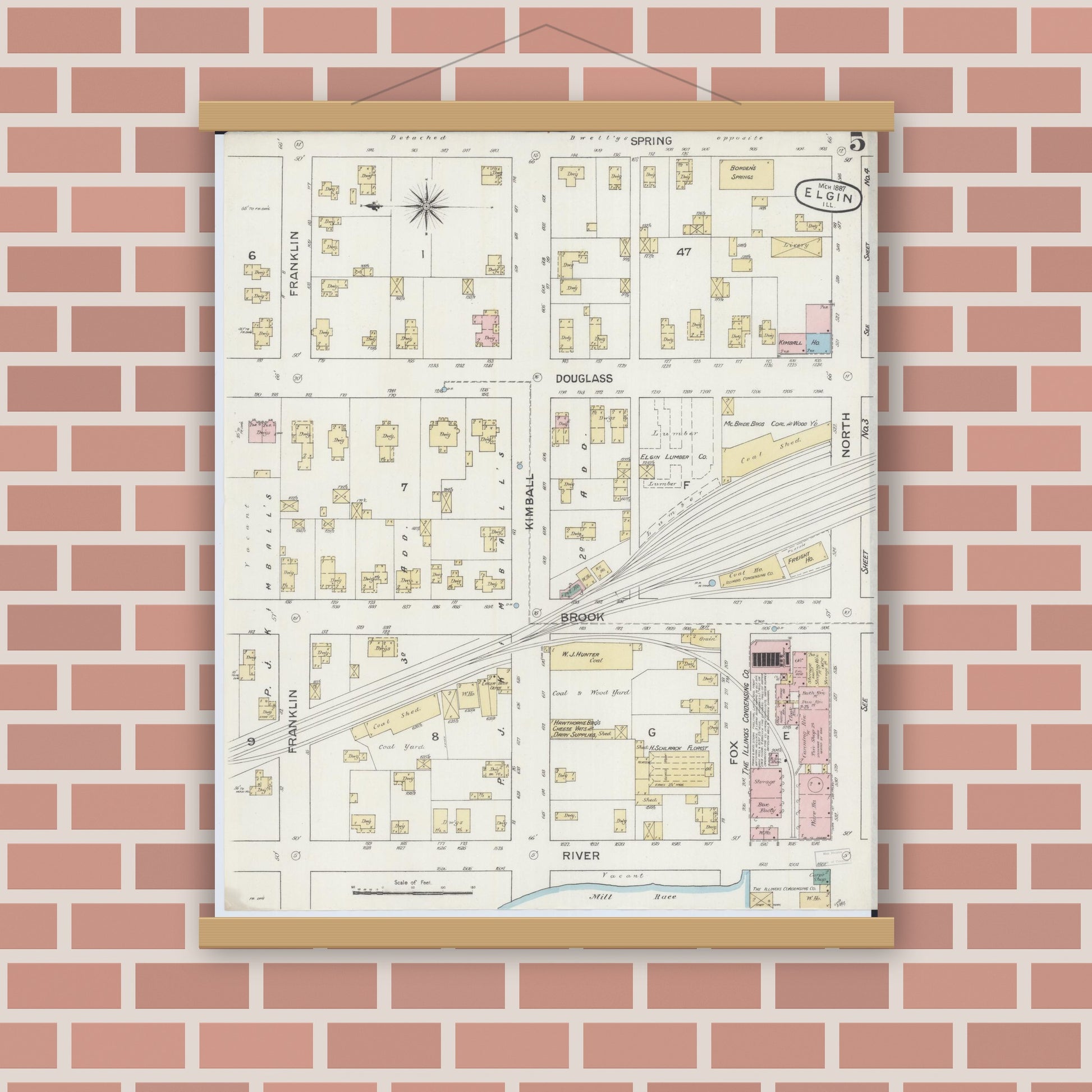 Old map wall art mockup — magnetic wood frame on brick wall — Sanborn Fire Insurance Map from Elgin, Kane County, Illinois (1887), Sheet #0005