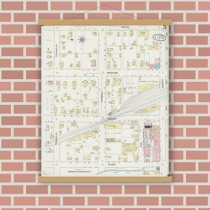 Old map wall art mockup — magnetic wood frame on brick wall — Sanborn Fire Insurance Map from Elgin, Kane County, Illinois (1887), Sheet #0005