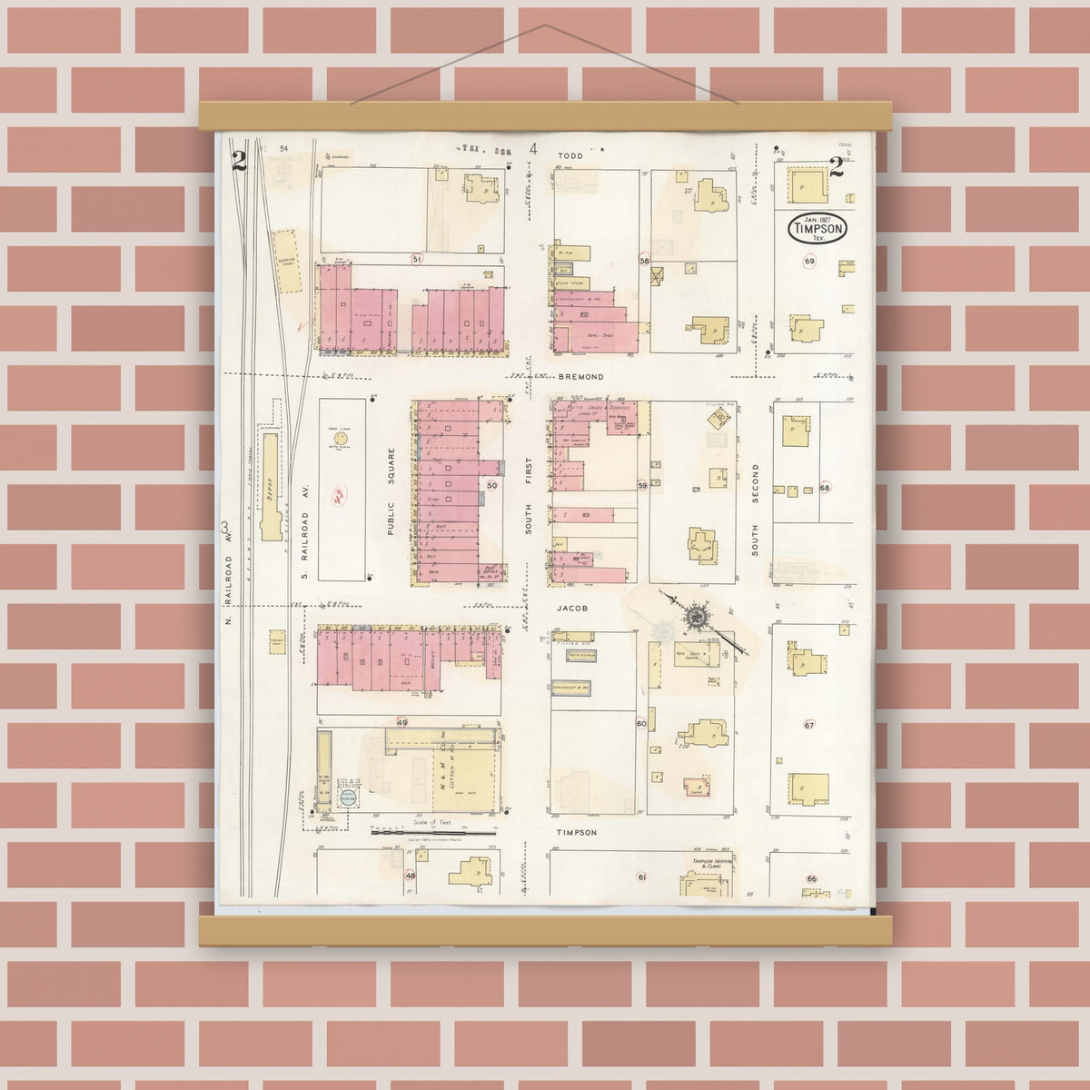 Old map wall art mockup — magnetic wood frame on brick wall — Sanborn Fire Insurance Map from Timpson, Shelby County, Texas (1941), Sheet #0002