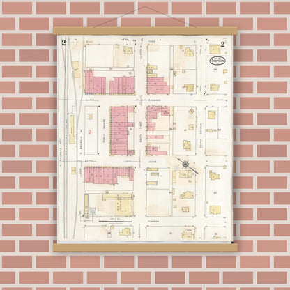 Old map wall art mockup — magnetic wood frame on brick wall — Sanborn Fire Insurance Map from Timpson, Shelby County, Texas (1941), Sheet #0002