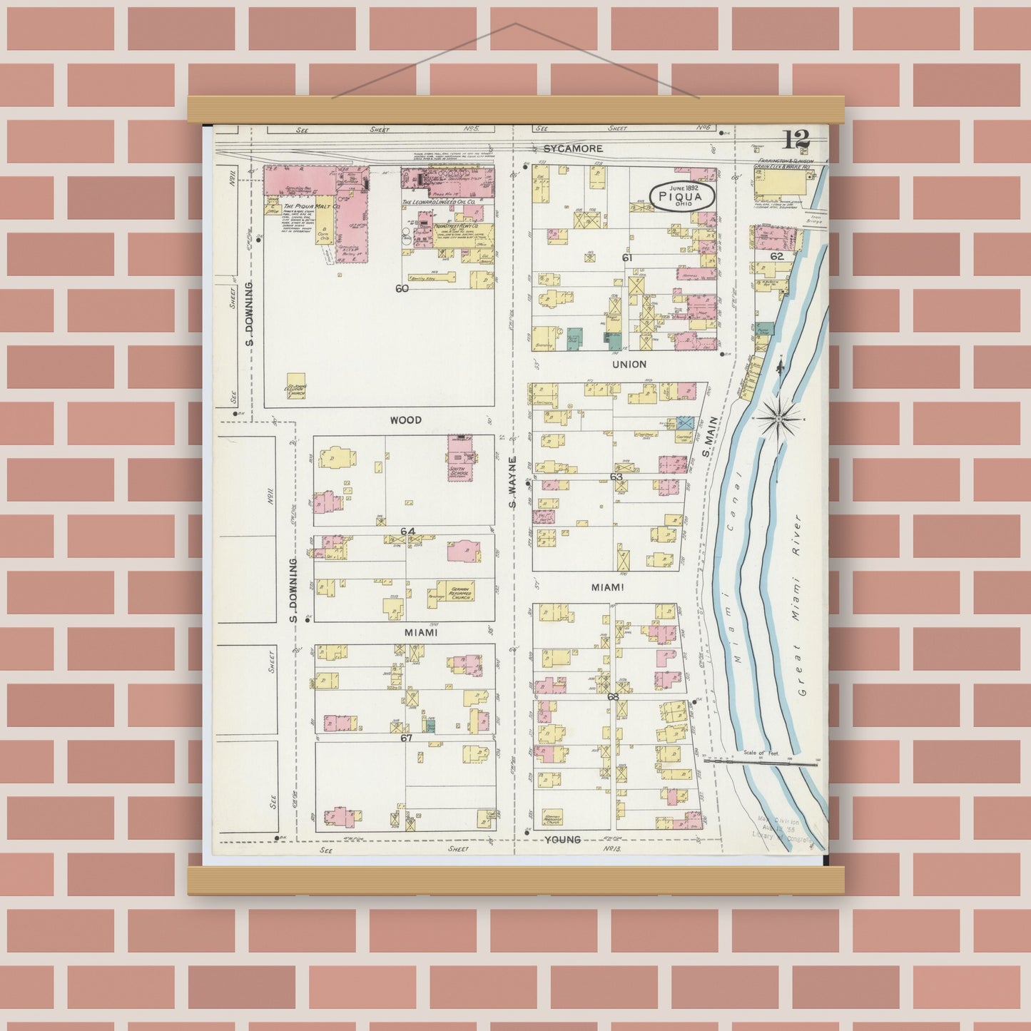 Old map wall art mockup — magnetic wood frame on brick wall — Sanborn Fire Insurance Map from Piqua, Miami County, Ohio (1892), Sheet #0012