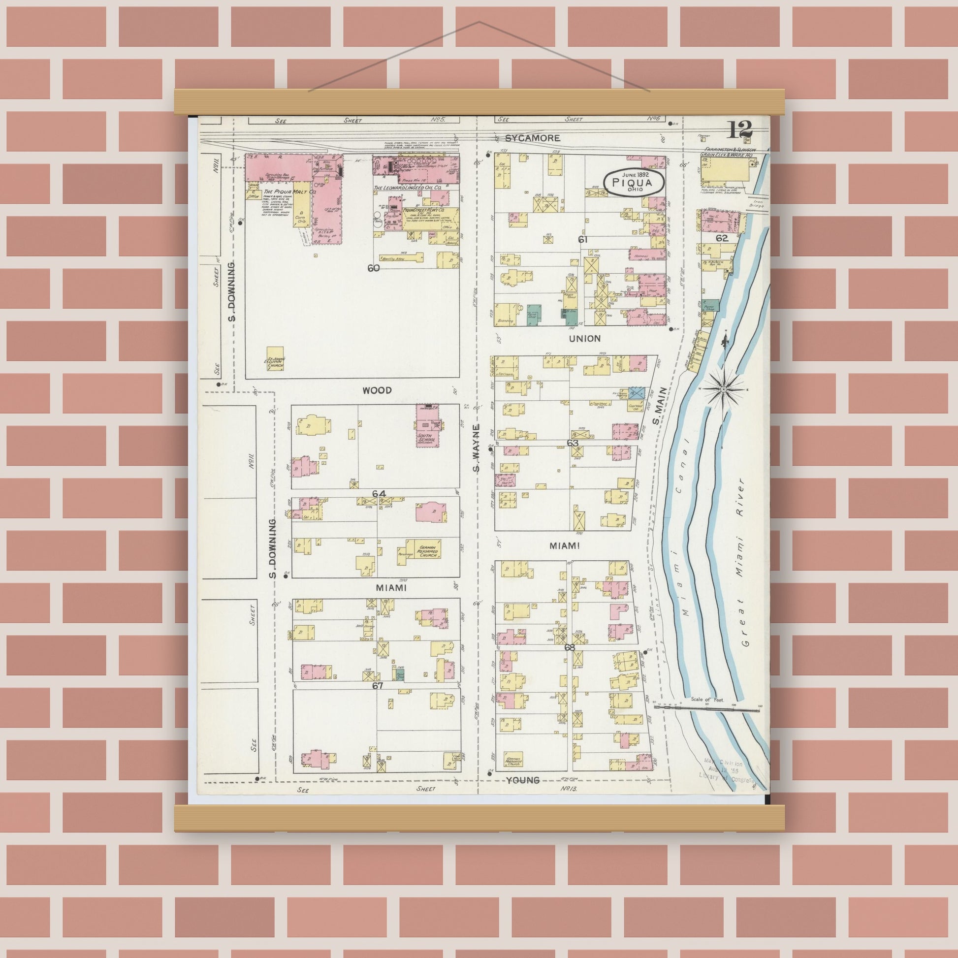 Old map wall art mockup — magnetic wood frame on brick wall — Sanborn Fire Insurance Map from Piqua, Miami County, Ohio (1892), Sheet #0012