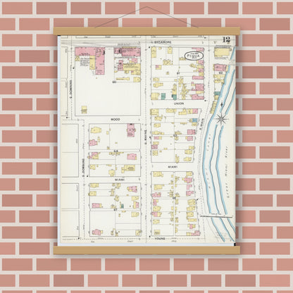 Old map wall art mockup — magnetic wood frame on brick wall — Sanborn Fire Insurance Map from Piqua, Miami County, Ohio (1892), Sheet #0012
