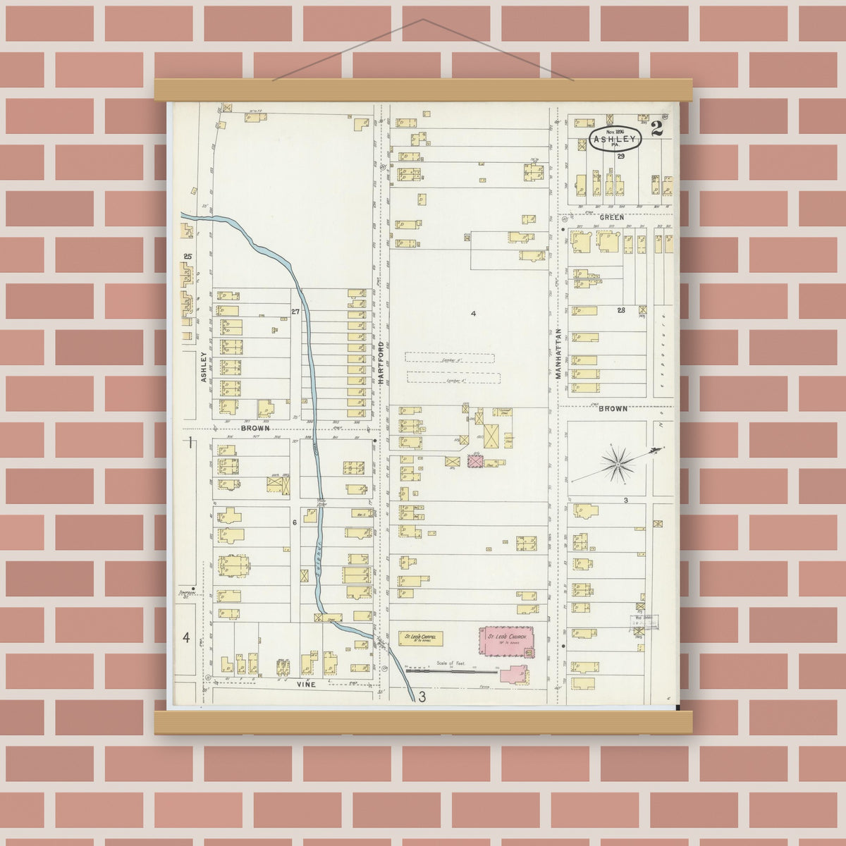 Old map wall art mockup — magnetic wood frame on brick wall — Sanborn Fire Insurance Map from Ashley, Luzerne County, Pennsylvania (1896), Sheet #0002