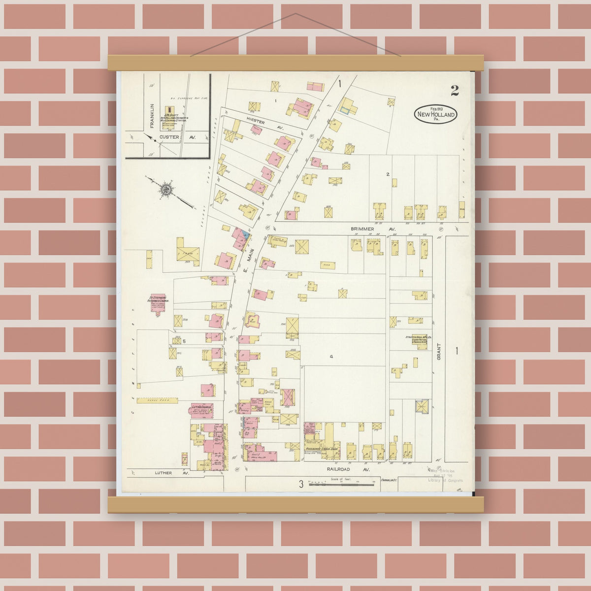 Old map wall art mockup — magnetic wood frame on brick wall — Sanborn Fire Insurance Map from New Holland, Lancaster County, Pennsylvania (1913), Sheet #0002