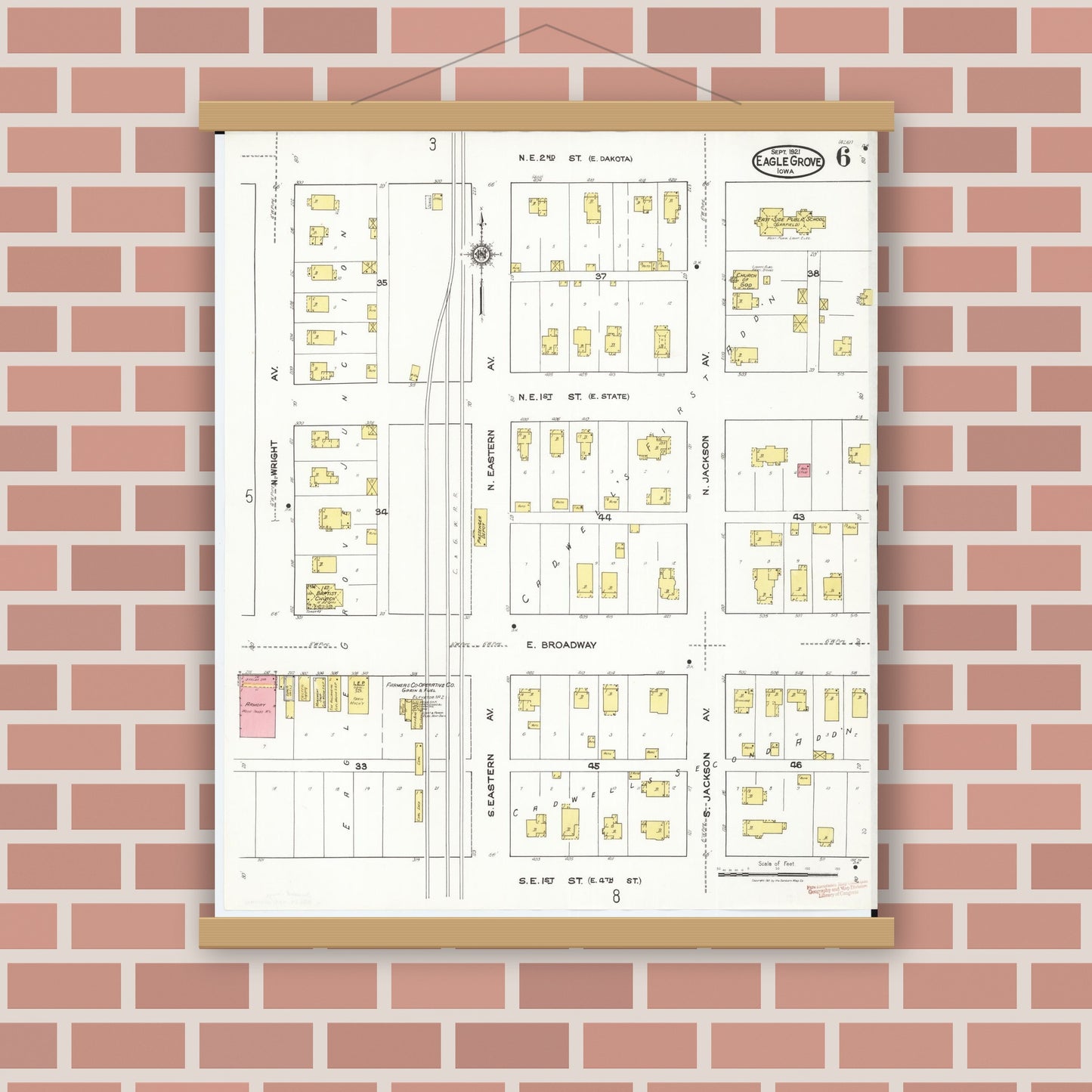 Old map wall art mockup — magnetic wood frame on brick wall — Sanborn Fire Insurance Map from Eagle Grove, Wright County, Iowa (1921), Sheet #0006