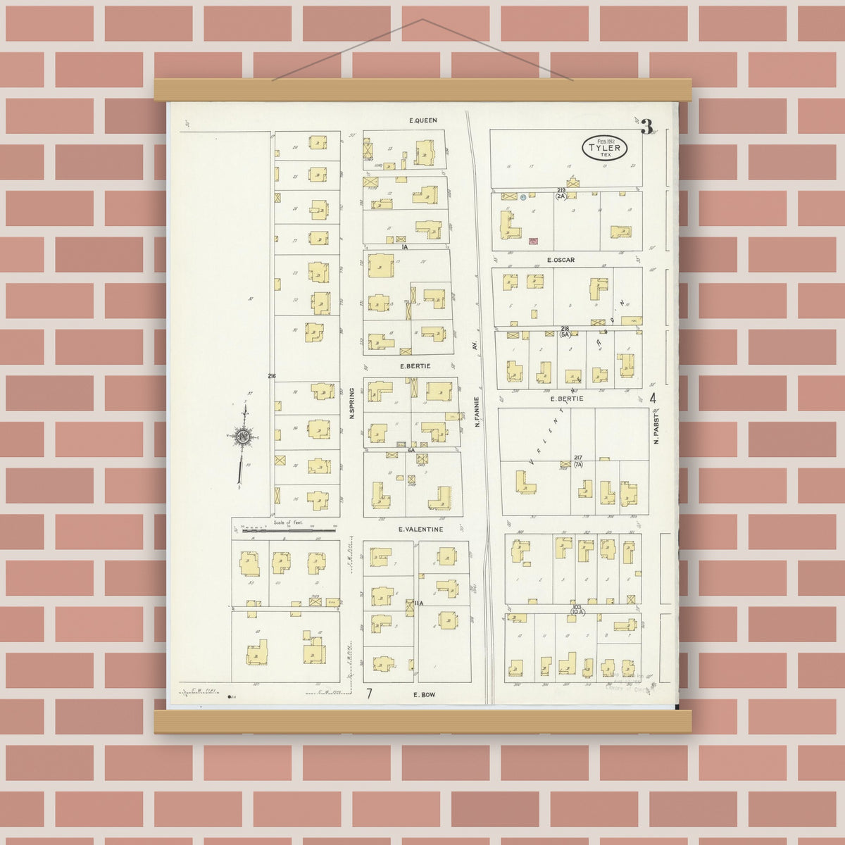 Old map wall art mockup — magnetic wood frame on brick wall — Sanborn Fire Insurance Map from Tyler, Smith County, Texas (1912), Sheet #0003