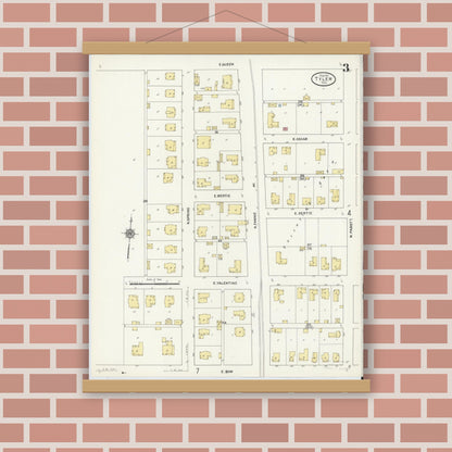Old map wall art mockup — magnetic wood frame on brick wall — Sanborn Fire Insurance Map from Tyler, Smith County, Texas (1912), Sheet #0003