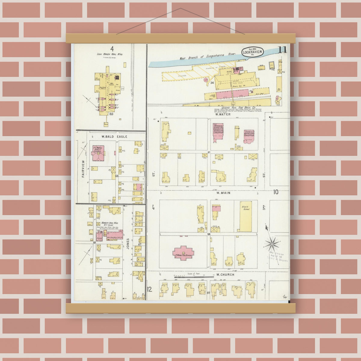Old map wall art mockup — magnetic wood frame on brick wall — Sanborn Fire Insurance Map from Lock Haven, Clinton County, Pennsylvania (1896), Sheet #0011