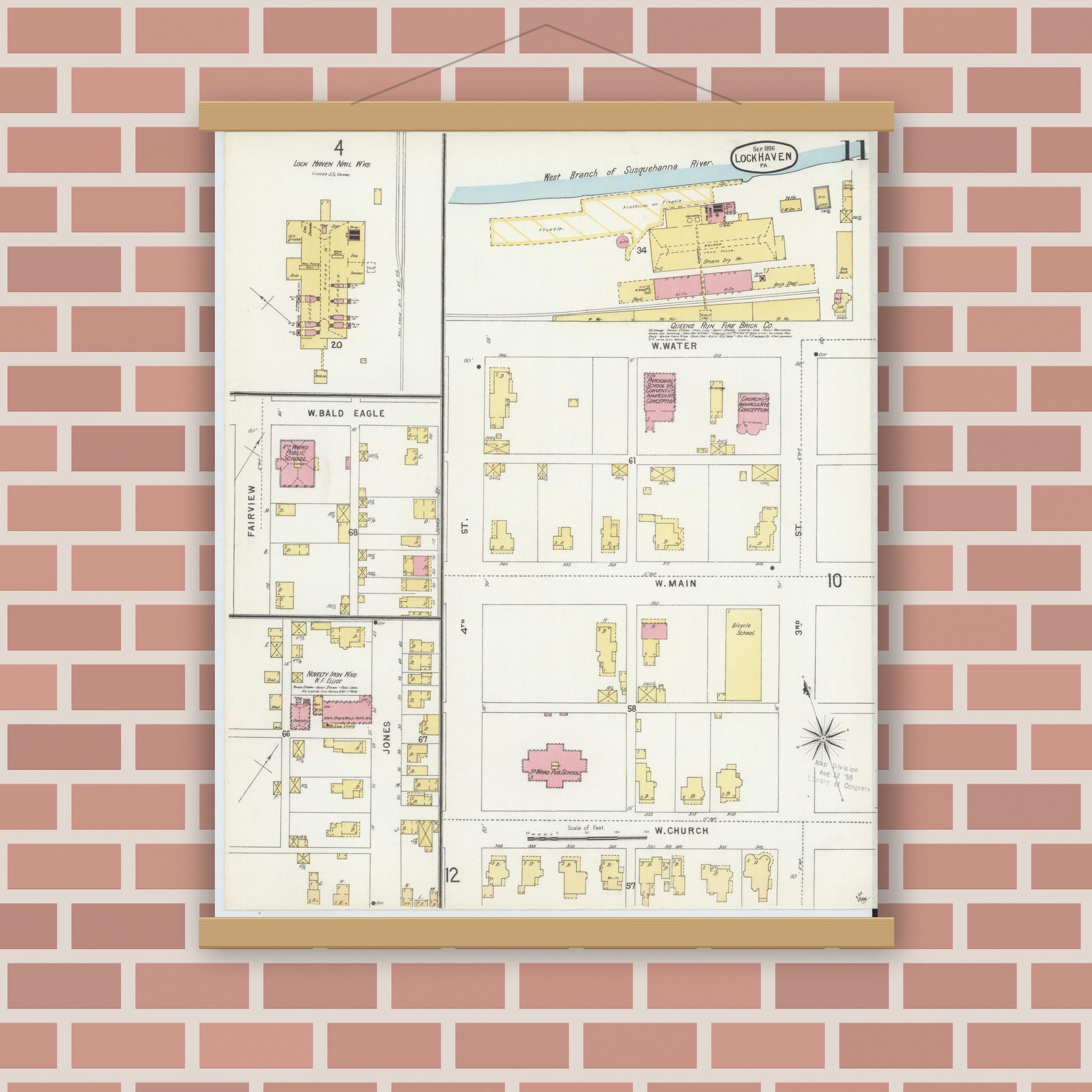 Old map wall art mockup — magnetic wood frame on brick wall — Sanborn Fire Insurance Map from Lock Haven, Clinton County, Pennsylvania (1896), Sheet #0011