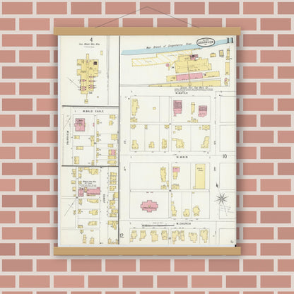 Old map wall art mockup — magnetic wood frame on brick wall — Sanborn Fire Insurance Map from Lock Haven, Clinton County, Pennsylvania (1896), Sheet #0011