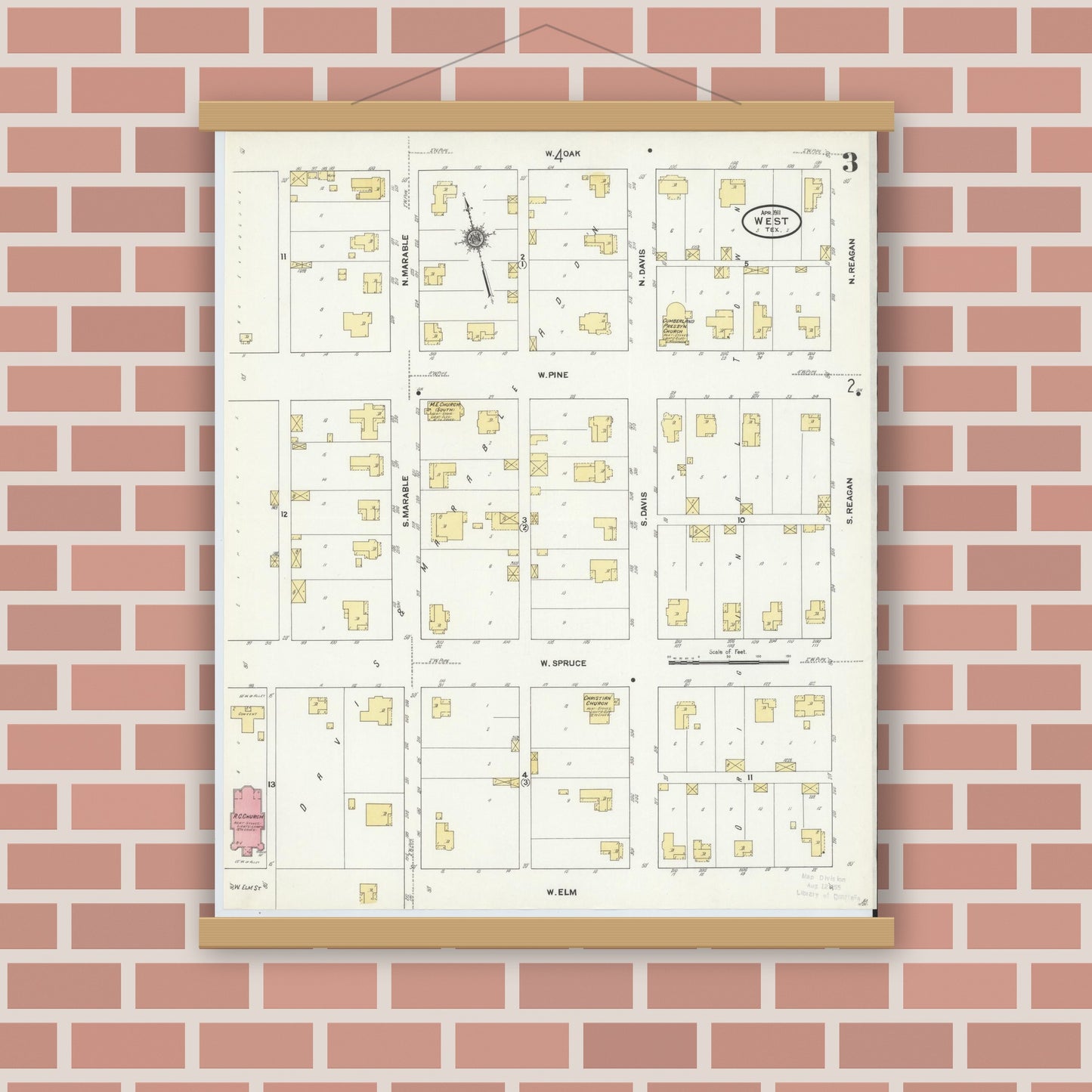 Old map wall art mockup — magnetic wood frame on brick wall — Sanborn Fire Insurance Map from West, McLennan County, Texas (1911), Sheet #0003