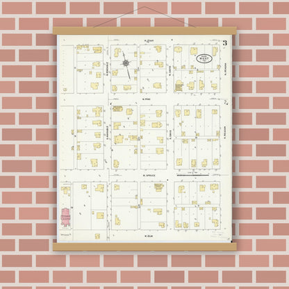 Old map wall art mockup — magnetic wood frame on brick wall — Sanborn Fire Insurance Map from West, McLennan County, Texas (1911), Sheet #0003