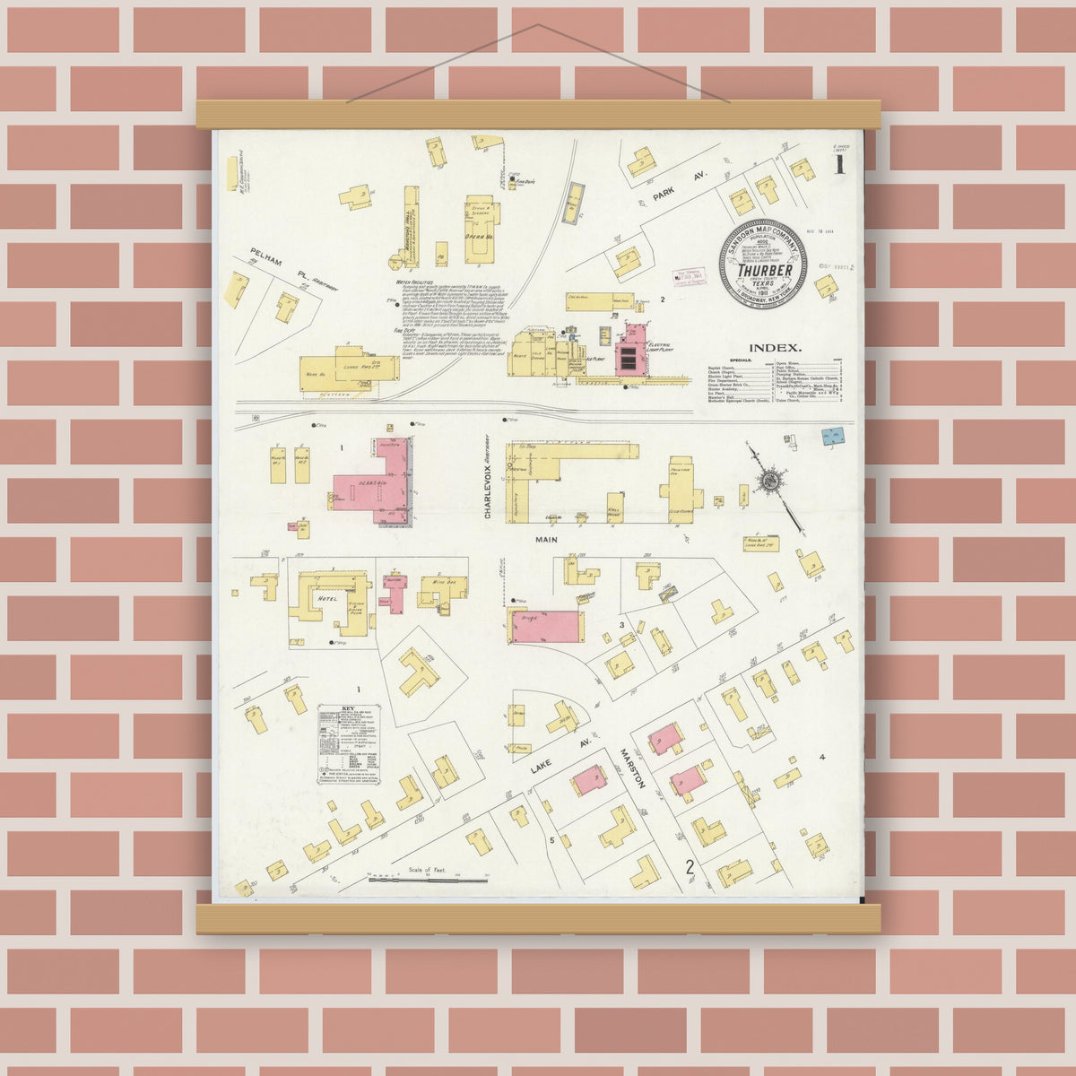 Old map wall art mockup — magnetic wood frame on brick wall — Sanborn Fire Insurance Map from Thurber, Erath County, Texas (1911) - Complete Map Set