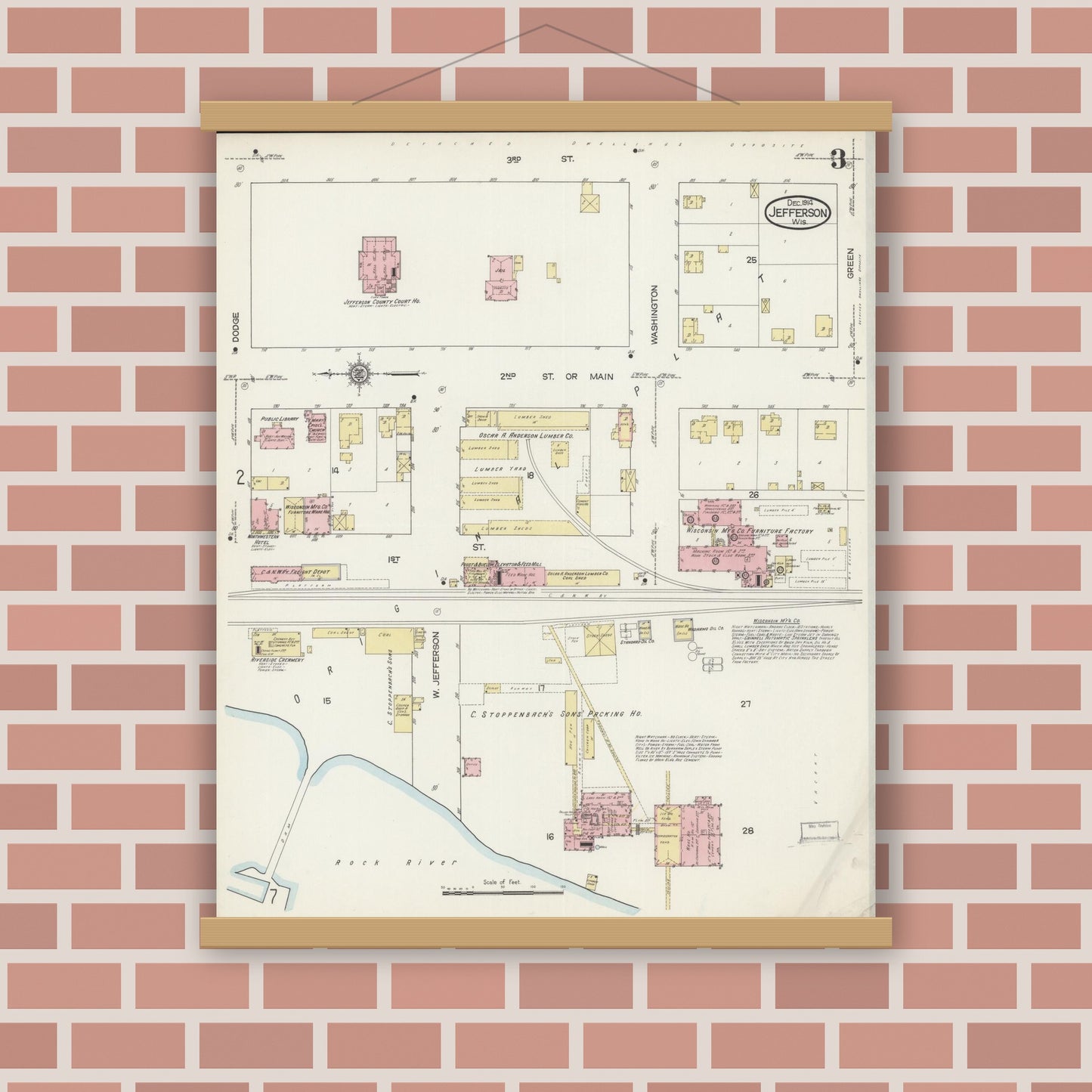 Old map wall art mockup — magnetic wood frame on brick wall — Sanborn Fire Insurance Map from Jefferson, Jefferson County, Wisconsin (1914), Sheet #0003