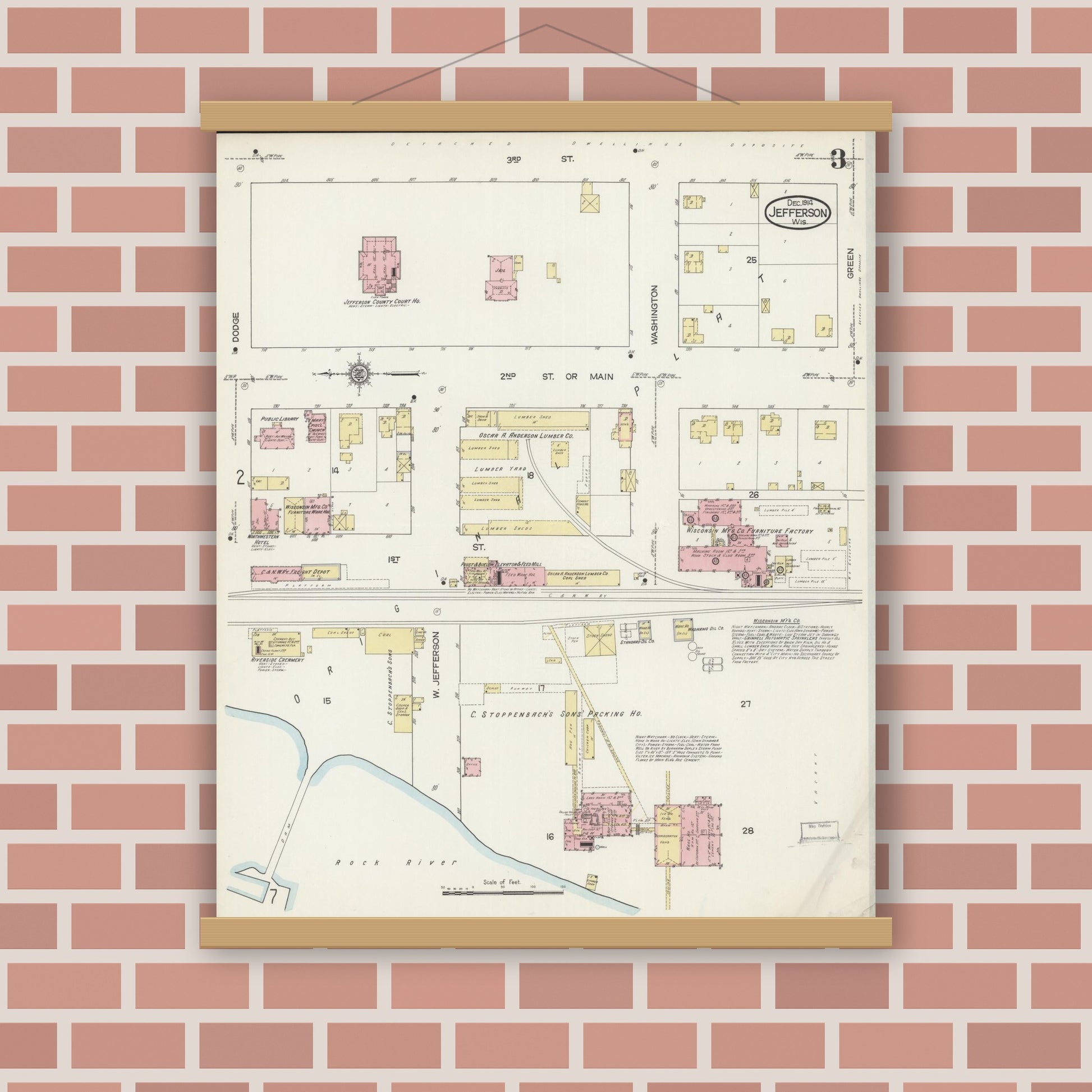 Old map wall art mockup — magnetic wood frame on brick wall — Sanborn Fire Insurance Map from Jefferson, Jefferson County, Wisconsin (1914), Sheet #0003