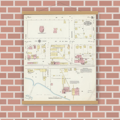 Old map wall art mockup — magnetic wood frame on brick wall — Sanborn Fire Insurance Map from Jefferson, Jefferson County, Wisconsin (1914), Sheet #0003