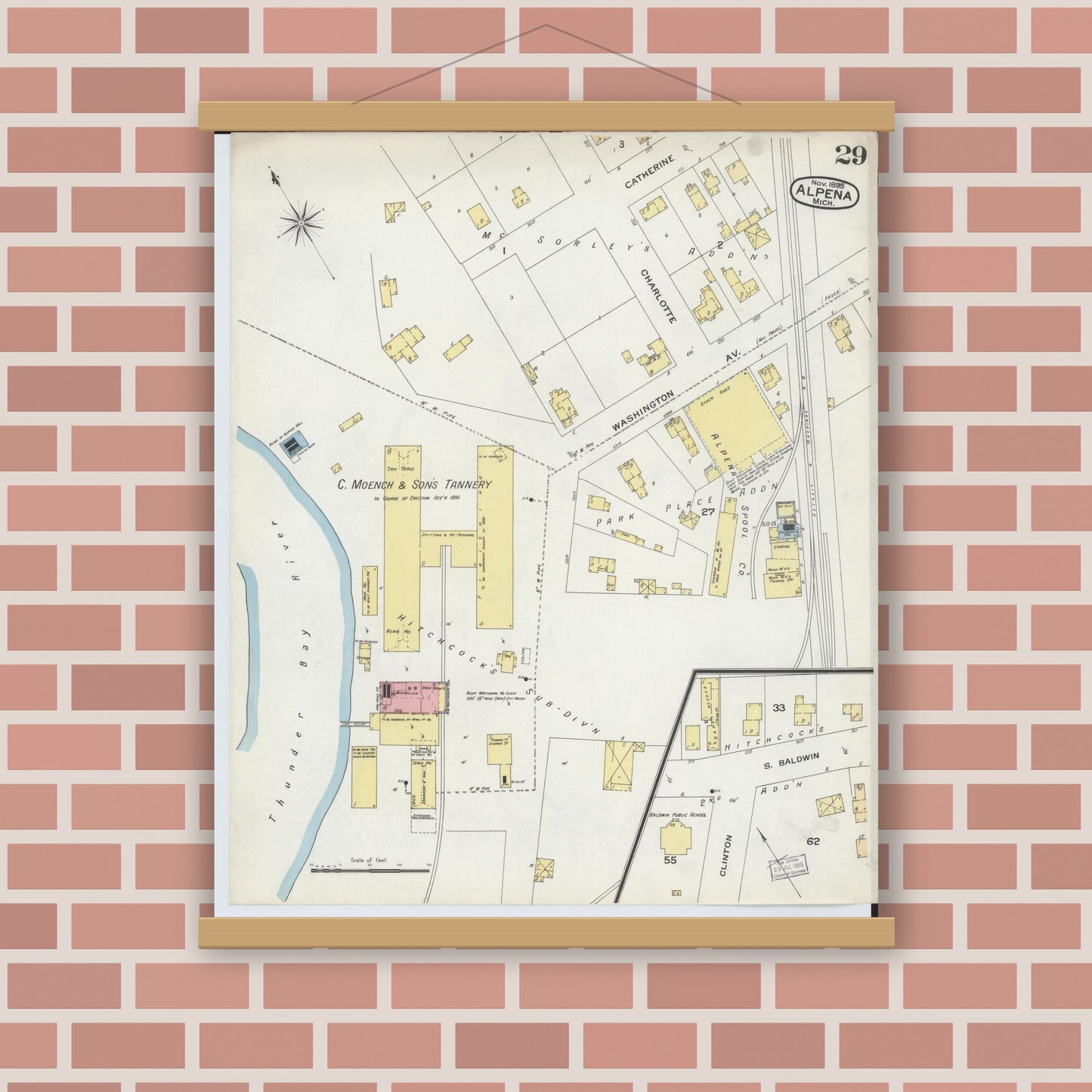 Old map wall art mockup — magnetic wood frame on brick wall — Sanborn Fire Insurance Map from Alpena, Alpena County, Michigan (1895), Sheet #0029