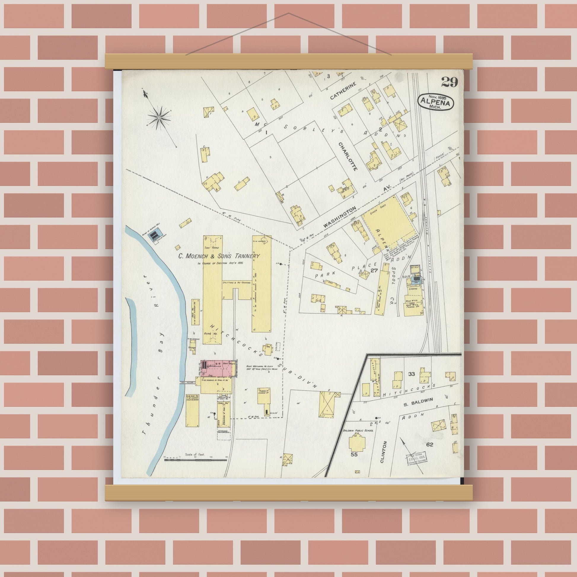 Old map wall art mockup — magnetic wood frame on brick wall — Sanborn Fire Insurance Map from Alpena, Alpena County, Michigan (1895), Sheet #0029