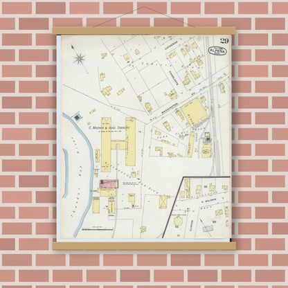 Old map wall art mockup — magnetic wood frame on brick wall — Sanborn Fire Insurance Map from Alpena, Alpena County, Michigan (1895), Sheet #0029