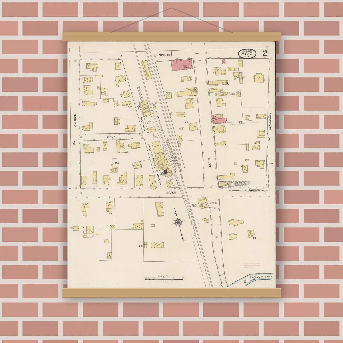 Old map wall art mockup — magnetic wood frame on brick wall — Sanborn Fire Insurance Map from Scio, Allegany County, New York (1922), Sheet #0002