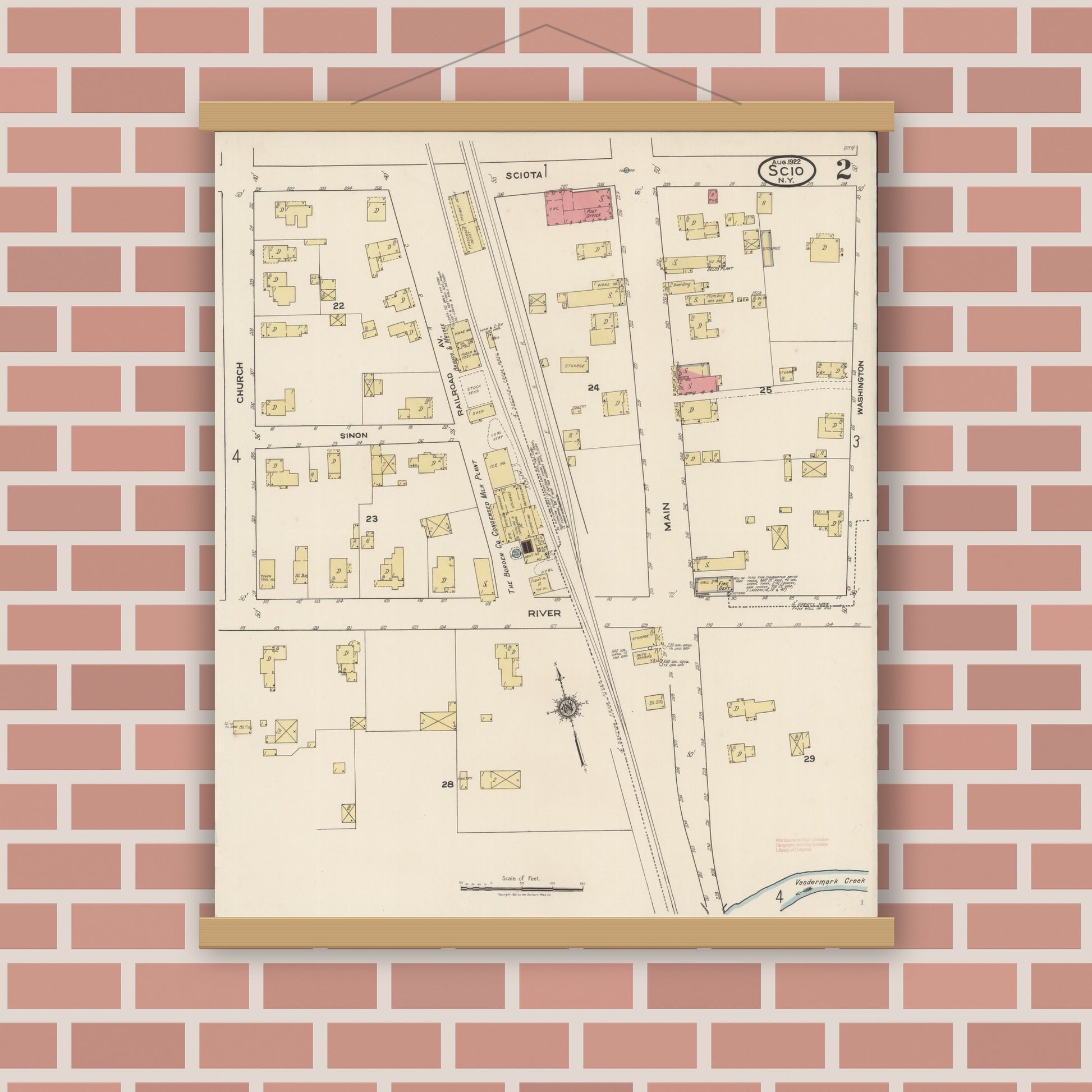 Old map wall art mockup — magnetic wood frame on brick wall — Sanborn Fire Insurance Map from Scio, Allegany County, New York (1922), Sheet #0002