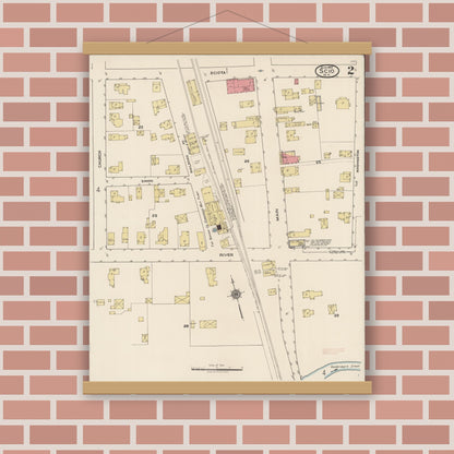 Old map wall art mockup — magnetic wood frame on brick wall — Sanborn Fire Insurance Map from Scio, Allegany County, New York (1922), Sheet #0002