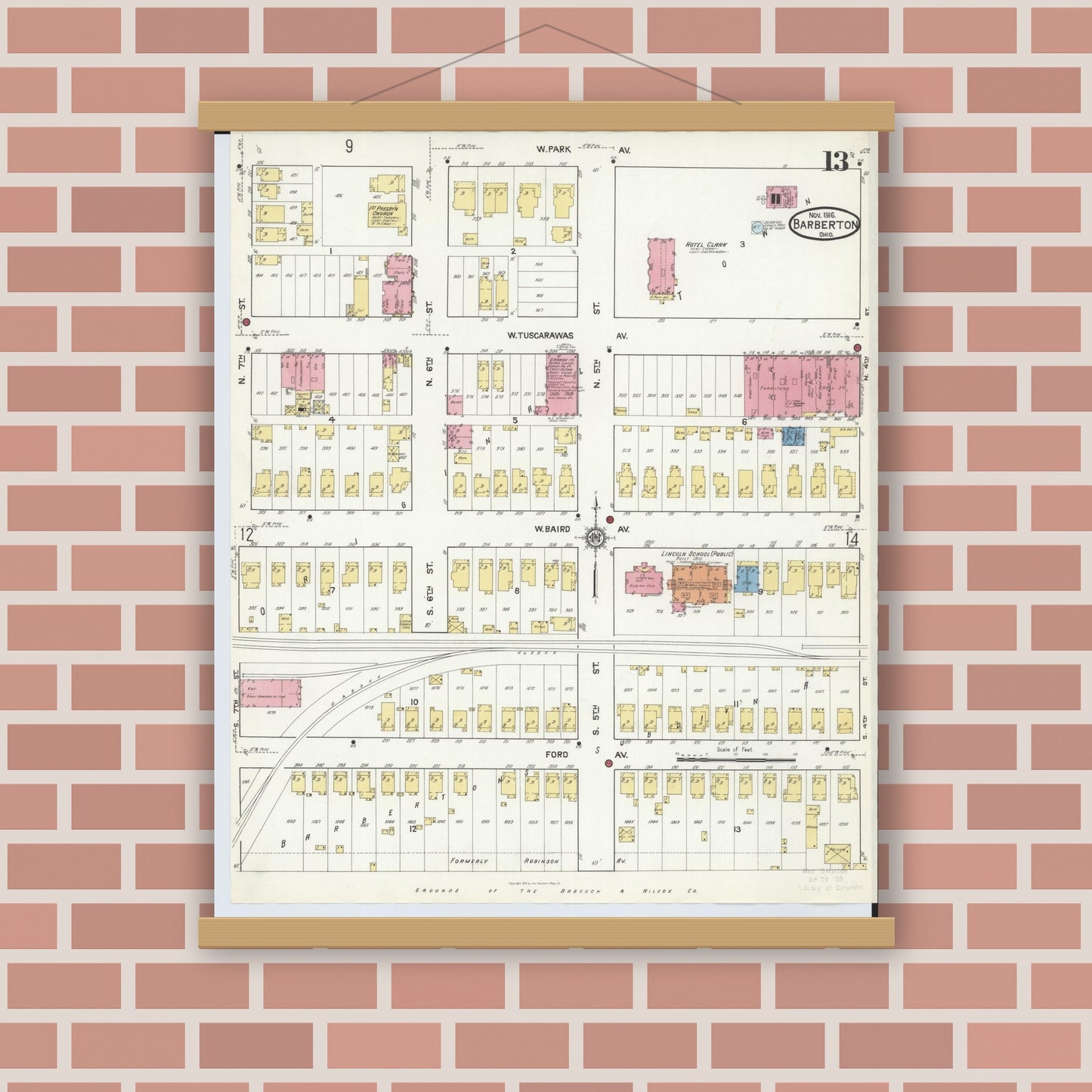 Old map wall art mockup — magnetic wood frame on brick wall — Sanborn Fire Insurance Map from Barberton, Summit County, Ohio (1916), Sheet #0013