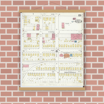 Old map wall art mockup — magnetic wood frame on brick wall — Sanborn Fire Insurance Map from Barberton, Summit County, Ohio (1916), Sheet #0013