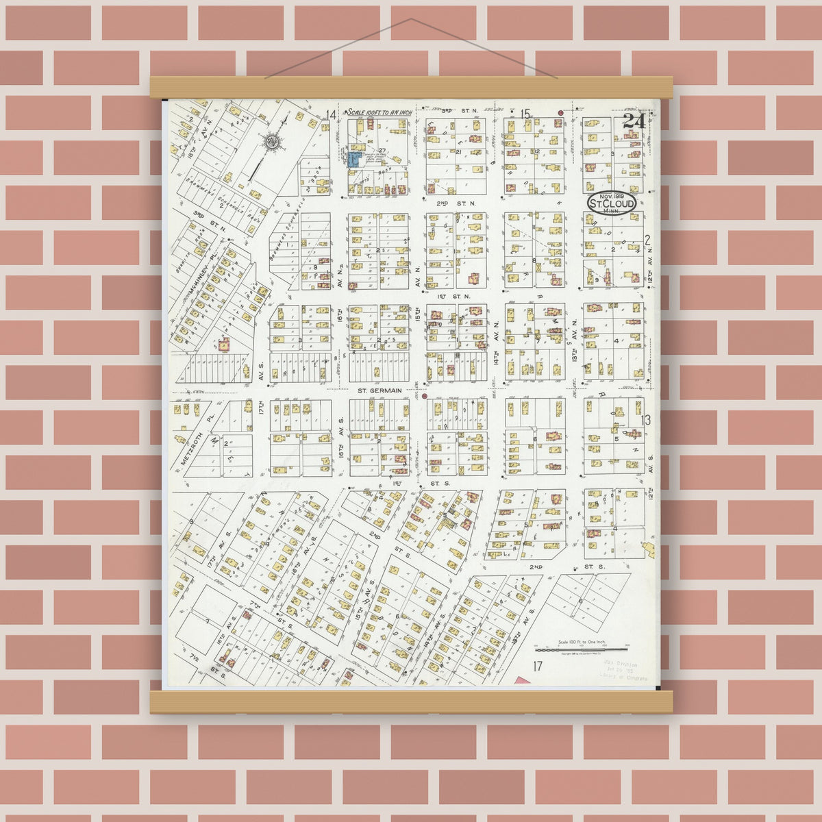 Old map wall art mockup — magnetic wood frame on brick wall — Sanborn Fire Insurance Map from Saint Cloud, Stearns, Benton, and Sherburne Counties, Minnesota (1919), Sheet #0024