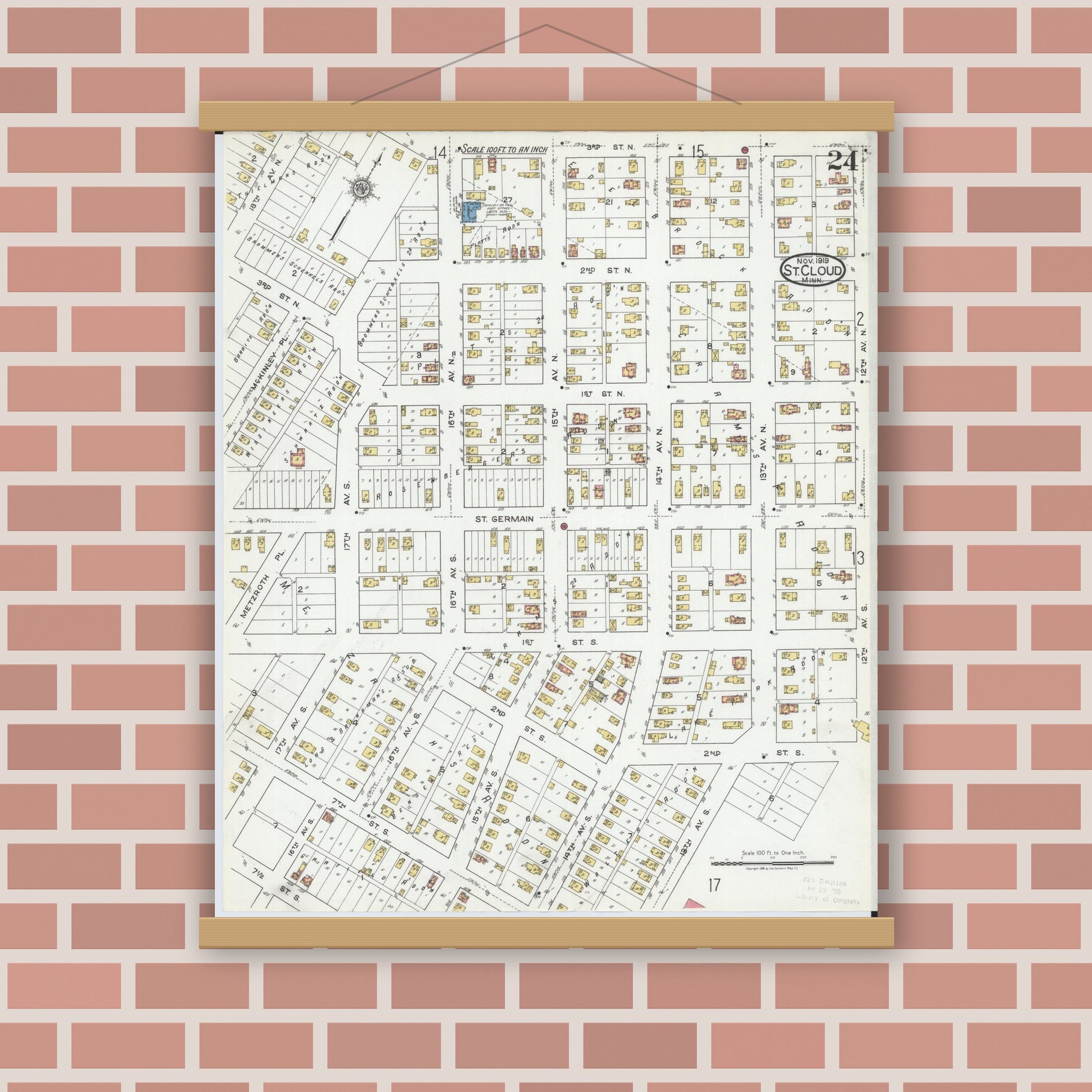 Old map wall art mockup — magnetic wood frame on brick wall — Sanborn Fire Insurance Map from Saint Cloud, Stearns, Benton, and Sherburne Counties, Minnesota (1919), Sheet #0024