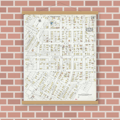 Old map wall art mockup — magnetic wood frame on brick wall — Sanborn Fire Insurance Map from Saint Cloud, Stearns, Benton, and Sherburne Counties, Minnesota (1919), Sheet #0024