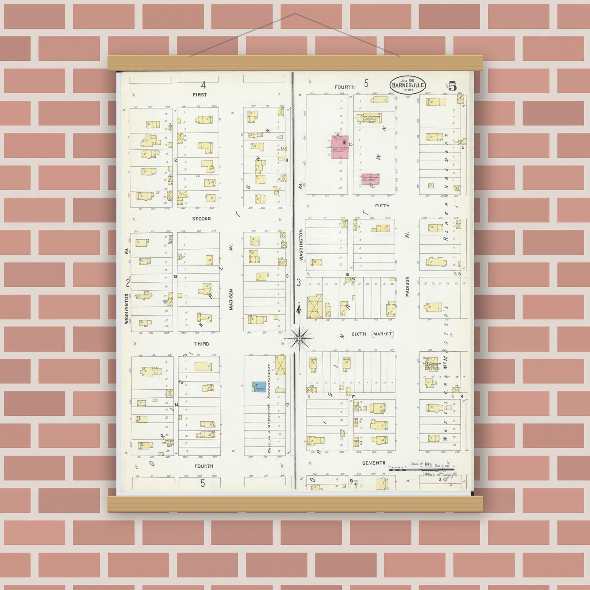 Old map wall art mockup — magnetic wood frame on brick wall — Sanborn Fire Insurance Map from Barnesville, Clay County, Minnesota (1907), Sheet #0005