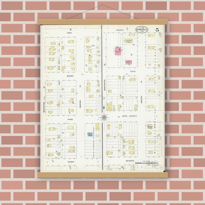 Old map wall art mockup — magnetic wood frame on brick wall — Sanborn Fire Insurance Map from Barnesville, Clay County, Minnesota (1907), Sheet #0005