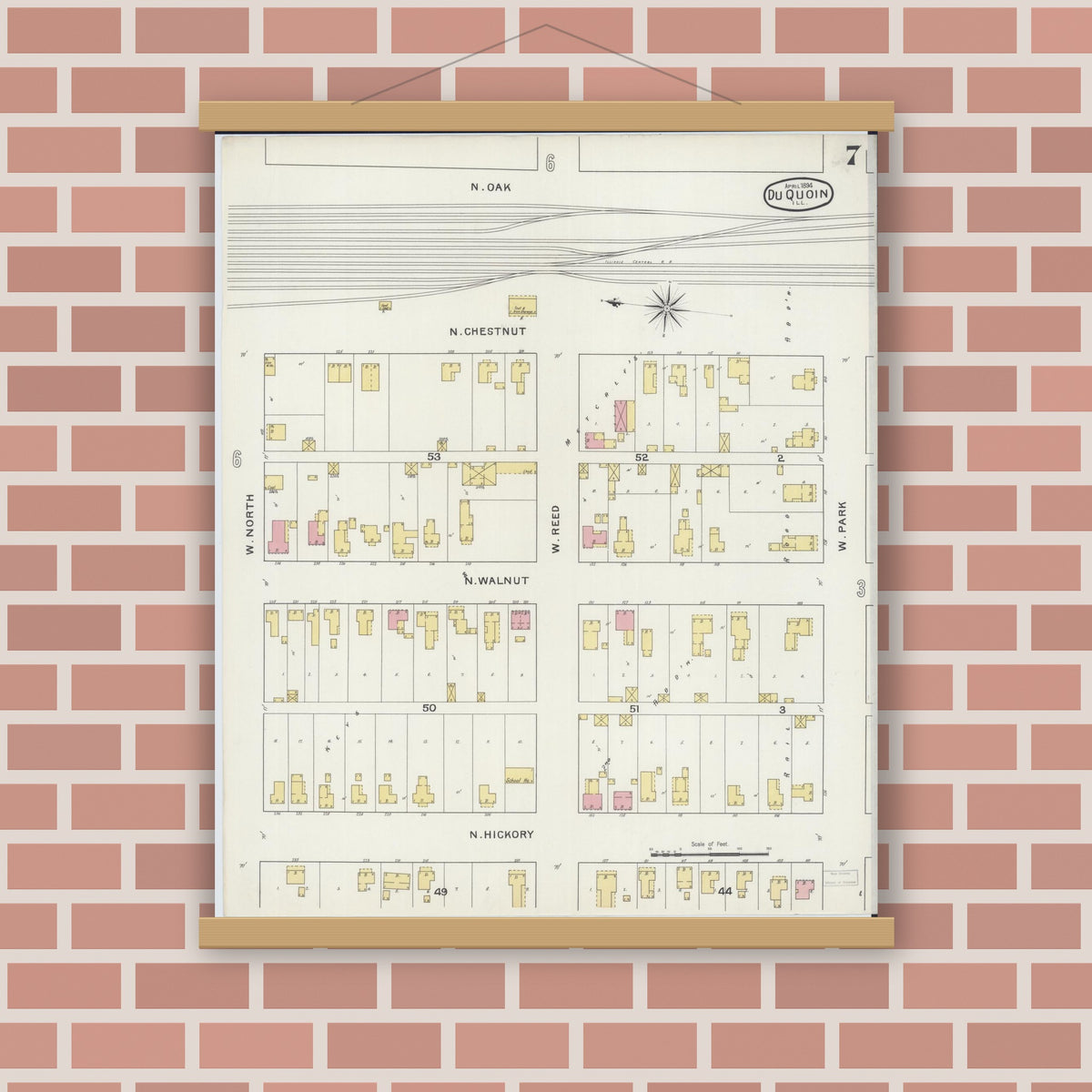 Old map wall art mockup — magnetic wood frame on brick wall — Sanborn Fire Insurance Map from Du Quoin, Perry County, Illinois (1894), Sheet #0007