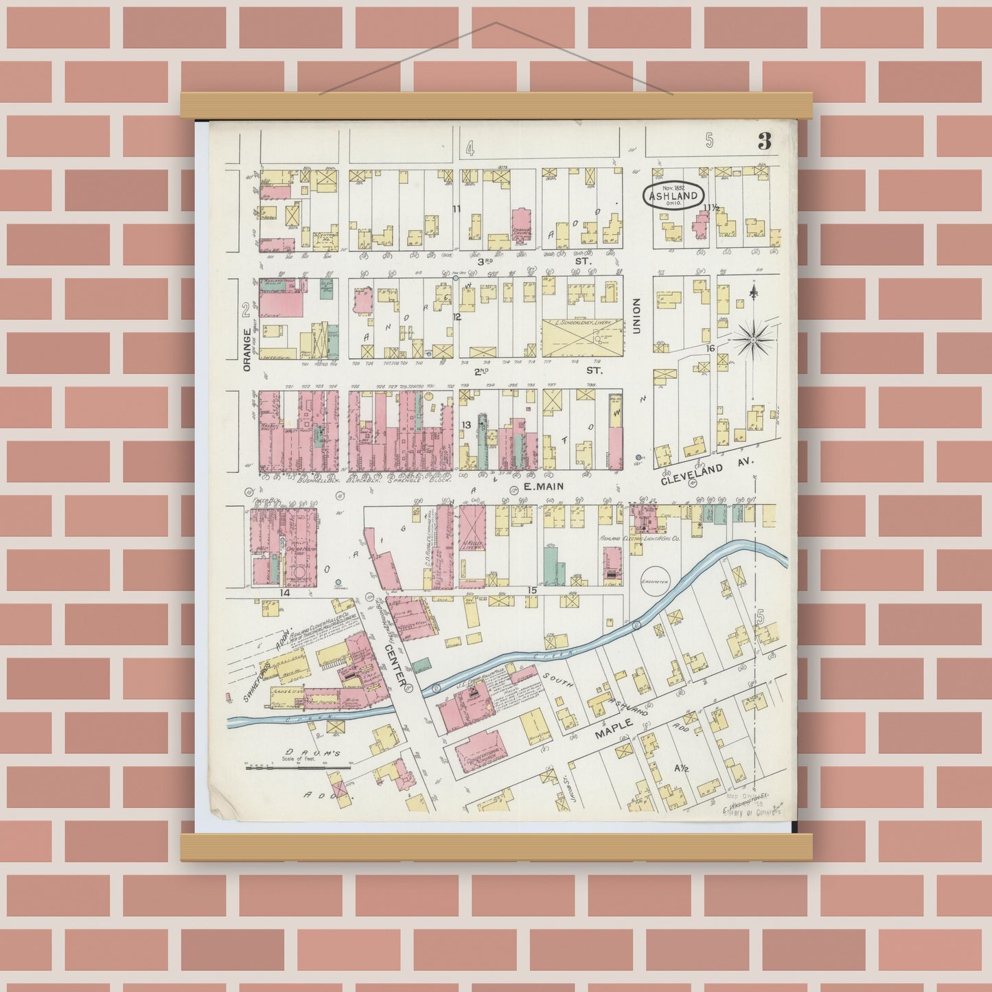 Old map wall art mockup — magnetic wood frame on brick wall — Sanborn Fire Insurance Map from Ashland, Ashland County, Ohio (1893), Sheet #0003
