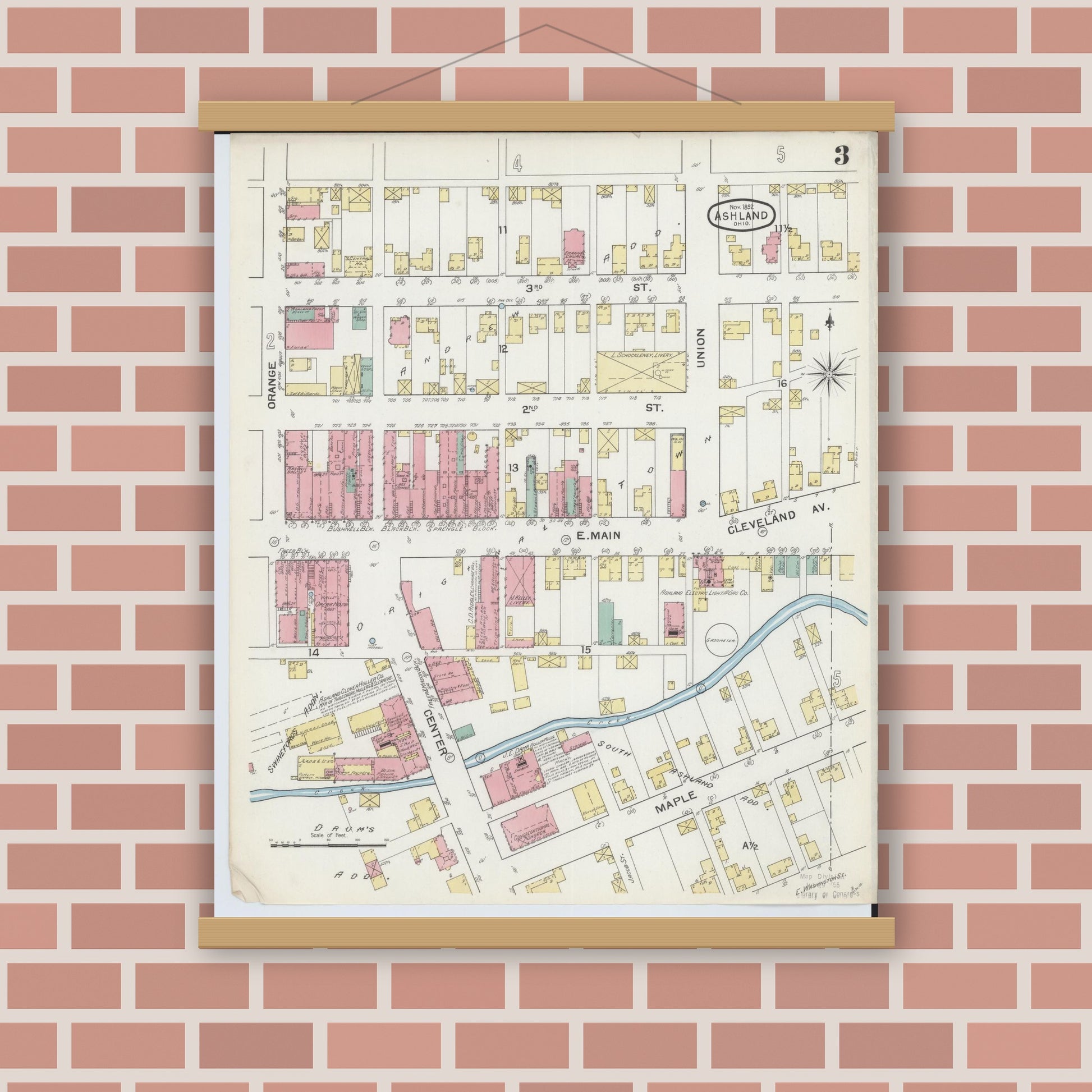 Old map wall art mockup — magnetic wood frame on brick wall — Sanborn Fire Insurance Map from Ashland, Ashland County, Ohio (1893), Sheet #0003